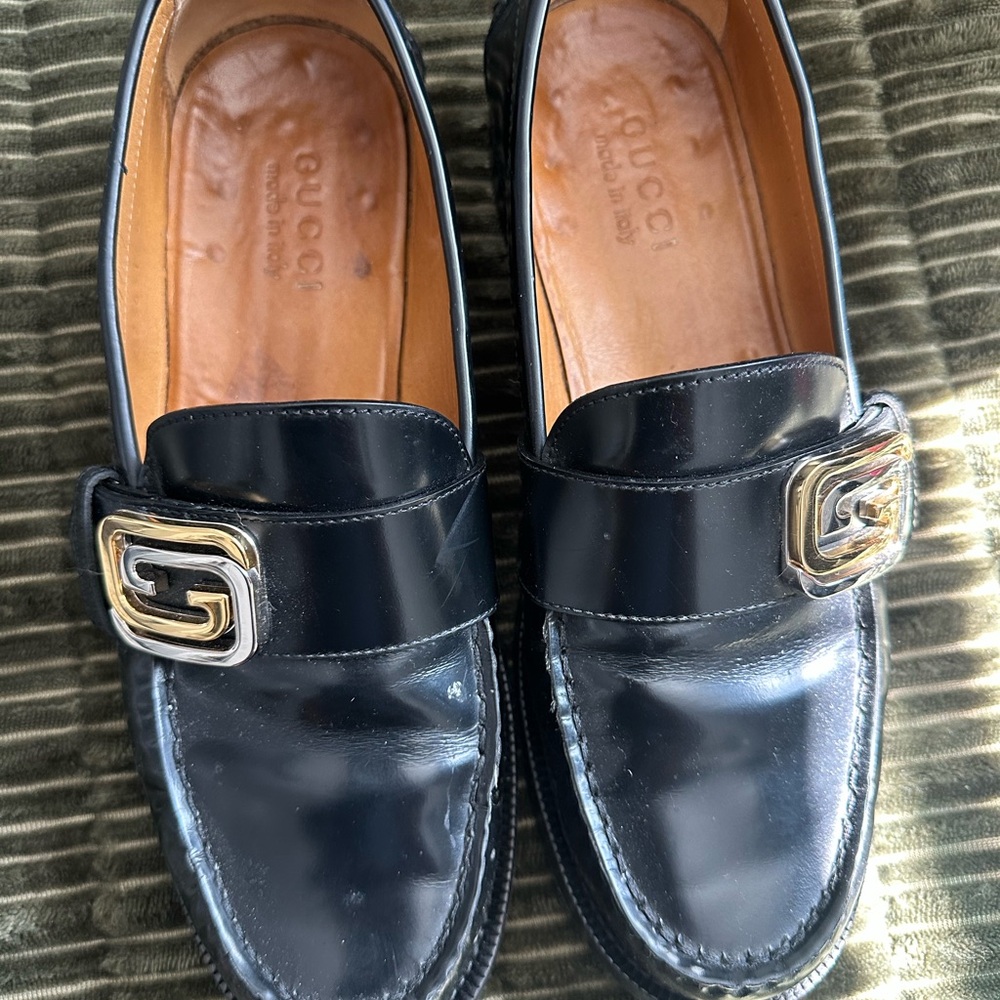 Gucci Black Leather Slip-On Loafers with Gold Accent